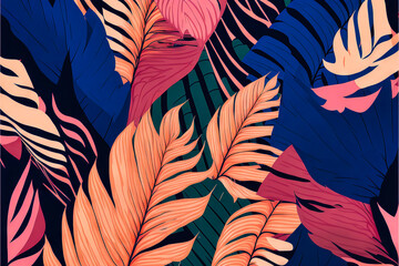 Beautiful colorful tropical leaves. Abstract background or wallpaper. Printable artwork. Generative AI.