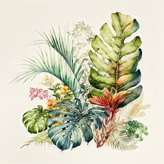 Obraz premium Beautiful colorful tropical leaves. Abstract background or wallpaper. Printable artwork. Generative AI.