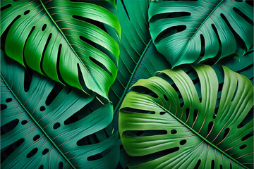 Obraz na płótnie Canvas Beautiful colorful tropical leaves. Abstract background or wallpaper. Printable artwork. Generative AI.
