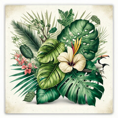 Naklejka premium Beautiful colorful tropical leaves. Abstract background or wallpaper. Printable artwork. Generative AI.