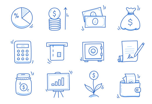 Hand drawn business icon set. Finance, money, investment icon sketch doodle blue pen stroke style. Business money, calculator, wallet element. Vector illustration