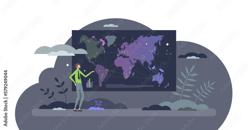 Poster data visualization or information on global worldwide map tiny person concept, transparent backgroun