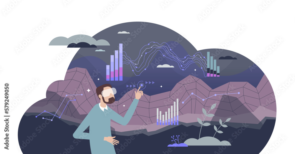 Poster data visualization with futuristic or responsive diagrams tiny person concept, transparent backgroun