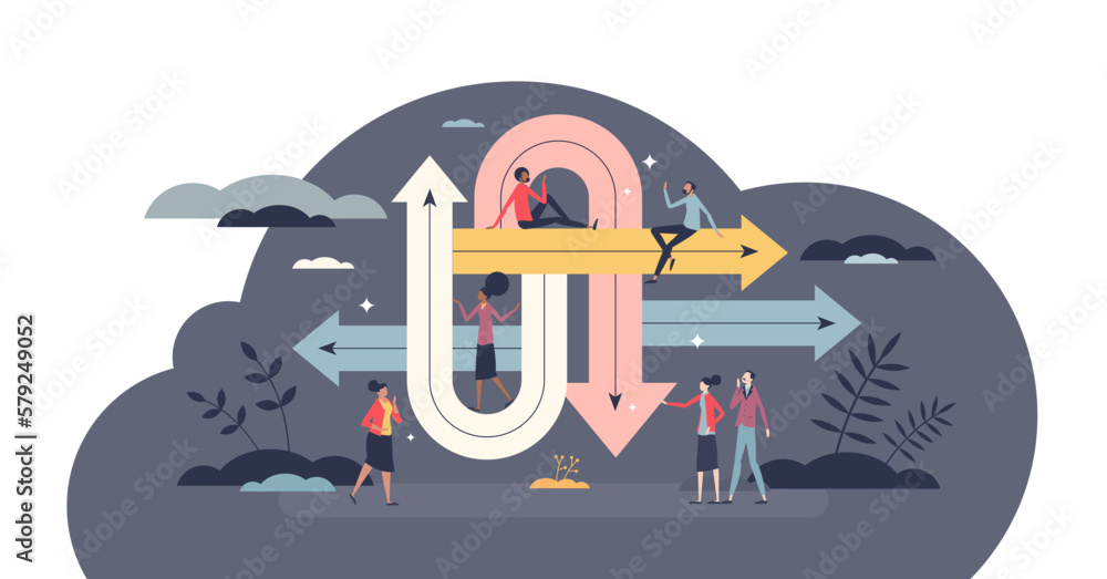 Poster decision path as roads with various solution options tiny person concept, transparent background. ta