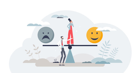 Cognitive behavioral therapy or CBT for dual feelings and emotional disorders tiny person concept, transparent background. Balance for depression or happy mindset. - obrazy, fototapety, plakaty