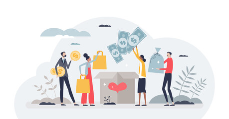 Donating to charitable organization and charity project tiny person concept, transparent background. Support poor and hunger with financial aid, assistance, help or contribution illustration.