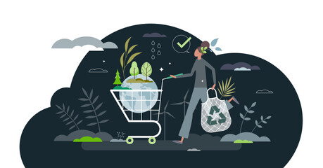 Eco consumer as responsible customer with green lifestyle tiny person concept, transparent background. Zero waste choices to save planet water and resources illustration. - obrazy, fototapety, plakaty