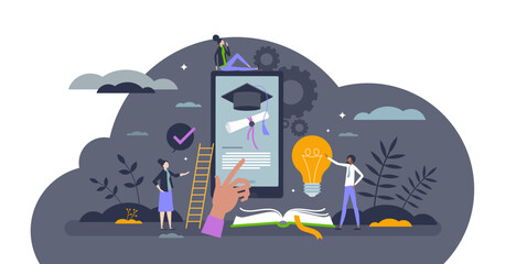 EdTech or educational technology with distant courses tiny person concept, transparent background.Knowledge learning online using digital teaching lectures illustration.