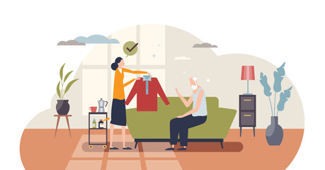 Elderly in home care as hospice for pensioner support tiny person concept, transparent background. Professional nursing assistance for retirement house seniors illustration.