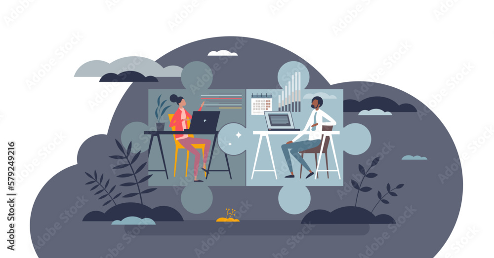 Poster hybrid work and workspace split with office and home tiny person concept, transparent background. di