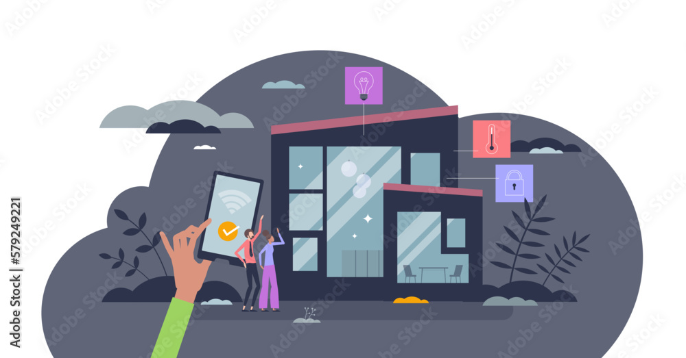Poster home automation and modern smart house remote control tiny person concept, transparent background. s