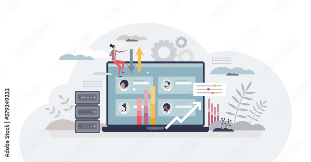 Poster hr data platform and company employee database software tiny person concept, transparent background.