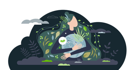 Mother earth as nature friendly and environmental female tiny person concept, transparent background. Ecological awareness and sustainable care to protect planet earth illustration.