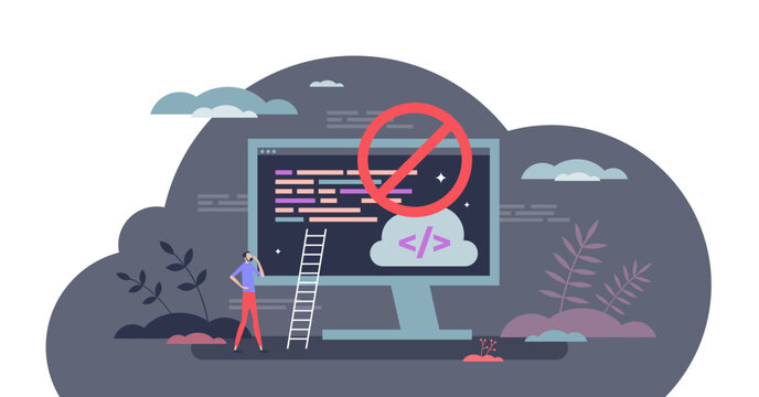 No code platform for mobile applications programming tiny person concept, transparent background. Software development with easy tool illustration. Templates for beginner IT work and training tool.