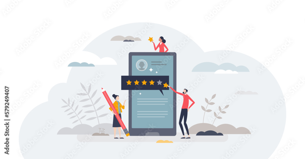 Poster sharing positive review or evaluate service with feedback tiny person concept, transparent backgroun