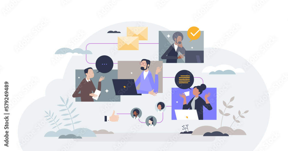 Poster team workflow and common project collaboration process tiny person concept, transparent background. 