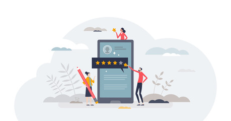 Sharing positive review or evaluate service with feedback tiny person concept, transparent background. Satisfaction rating for product quality with stars comment illustration. - obrazy, fototapety, plakaty