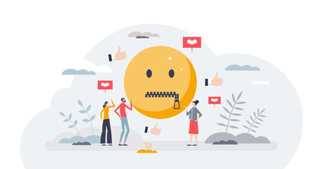Social media censorship and free speech restriction tiny person concept, transparent background. Opinion expression limitation with ban or mute on comments or article posts illustration.