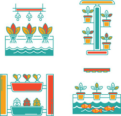 Set of Hydroponic Garden Simple Flat Line Illustration