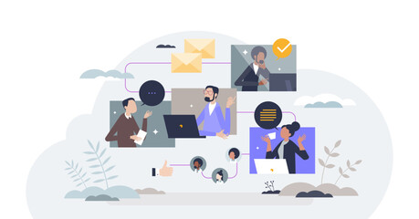 Team workflow and common project collaboration process tiny person concept, transparent background. Work flow chain diagram with colleagues interaction and relationship illustration.