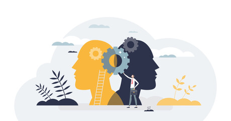 Technology transfer as thinking from people to mechanics tiny person concept, transparent background.