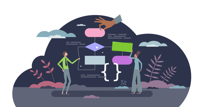 Software algorithm and web application work structure tiny person concept, transparent background. Program tech pattern optimization and stream plan for flawless user experience illustration.