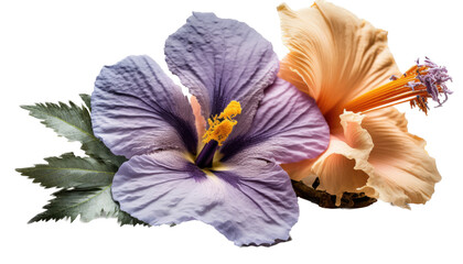 isolated light purple, orange hibiscus flower photo, spring, decorative floral illustration, transparent background, png, horizontal, vertical, springtime, floral, no background, generative ai