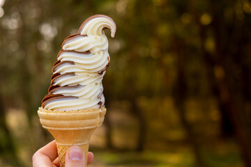 Female hand holding delicious american vanilla chocolate ice cream. Tasty homemade icecream Gelato...