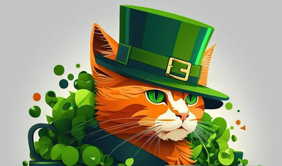 St. Patrick's Day celebration background. Leprechaun cat in green hat Generative ai
