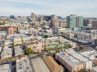 Los Angeles, California – February 17, 2023: aerial city view drone photo toward Western Ave and...