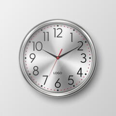 Vector 3d Realistic Simple Round Gray Silver Wall Office Clock with White Dial Icon Closeup Isolated on White Backgound. Design Template, Mock-up for Branding, Advertise. Front, Top View