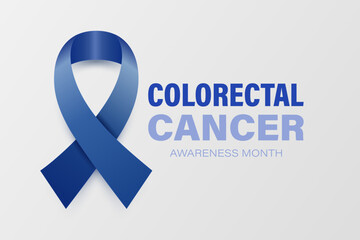 Colorectal Cancer Banner, Card, Placard with Vector 3d Realistic Dark Blue Ribbon on White Background. Colon Cancer Awareness Month Symbol Closeup. World Colorectal, Colon Cancer Day Concept