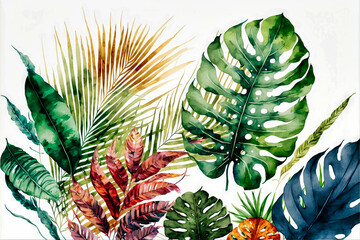 Obraz premium Beautiful colorful tropical leaves. Abstract background or wallpaper. Printable artwork. Generative AI.