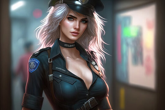 beautiful cop girl with sexy breasts in uniform. drawn style. Generative AI illustration