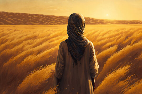 Rear View Of Muslim Woman Wearing Hijab Walking In Tall Grass Field, Generative Ai