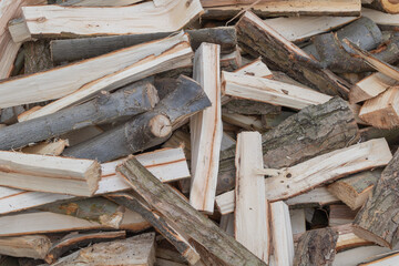 Pile of chopped firewood as background, closeup of photo