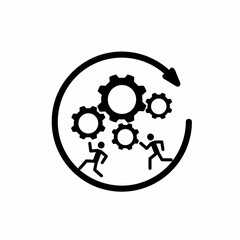 stick man, arrow and gear icons, business concept of workflow progress, black background image highlighted on a white background