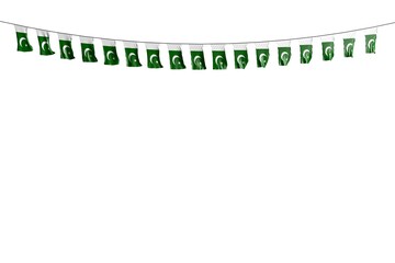 cute any occasion flag 3d illustration. - many Pakistan flags or banners hangs on rope isolated on white