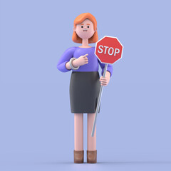 3D illustration of smiling European businesswoman Ellen pointing at stop sign, 3D rendering on blue background.
