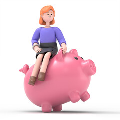 3D illustration of smiling European businesswoman Ellen riding piggy bank, 3D rendering on white background.
