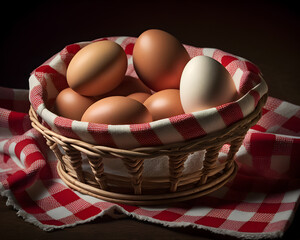 Eggs in a basket with gingham fabric created with Generative AI technology