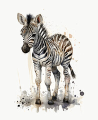 Fototapeta na wymiar Cute baby Zebra in watercolor style created with Generative AI technology