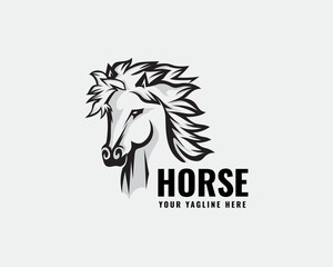 head wild horse with hair wavy art logo design template illustration inspiration