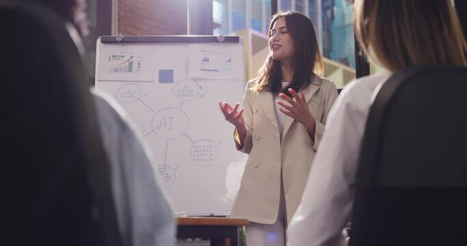 Confident young businesswoman or speaker sharing ideas with colleagues or audience during company seminar.