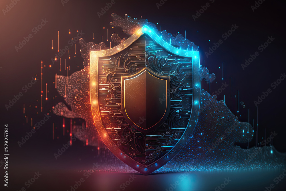 Poster shield protecting online data, cyber security digital information technology concept. generative ai.