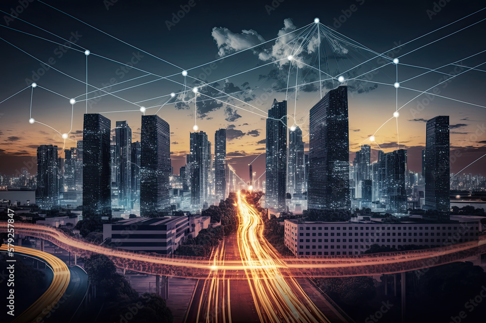 Poster smart city internet connection speed data concept, internet of things it technology. generative ai.