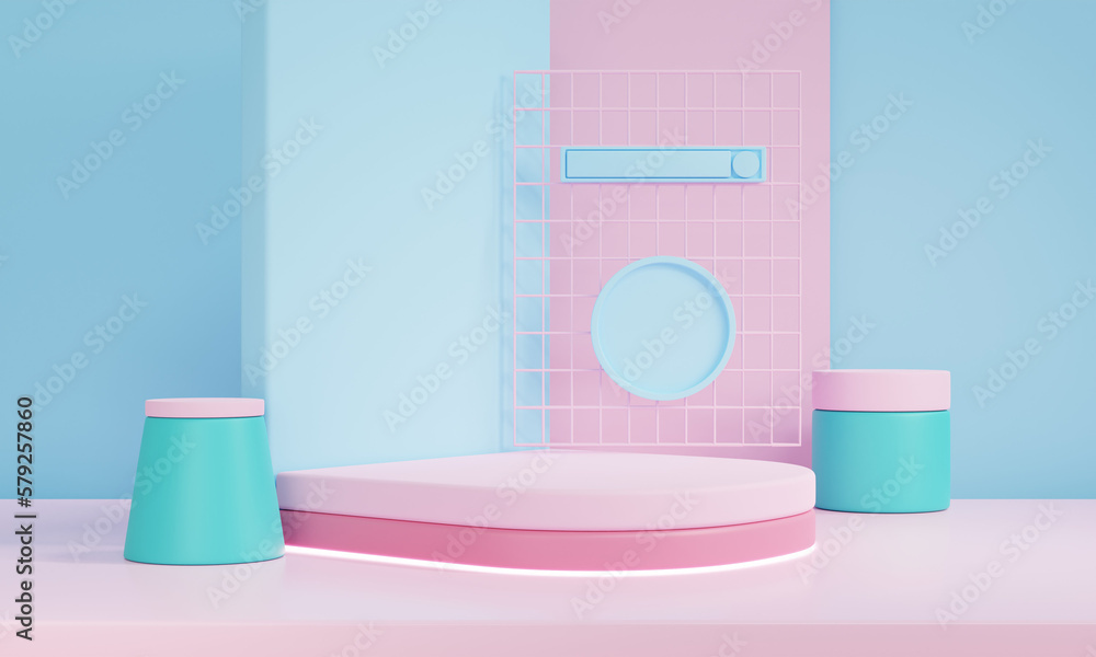 Poster 3d render minimal scene with podium and abstract background. pastel colors with geometric shapes .