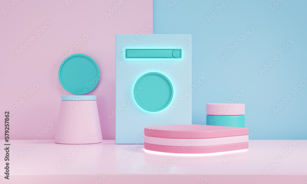 Poster 3d render minimal scene with podium and abstract background. pastel colors with geometric shapes .