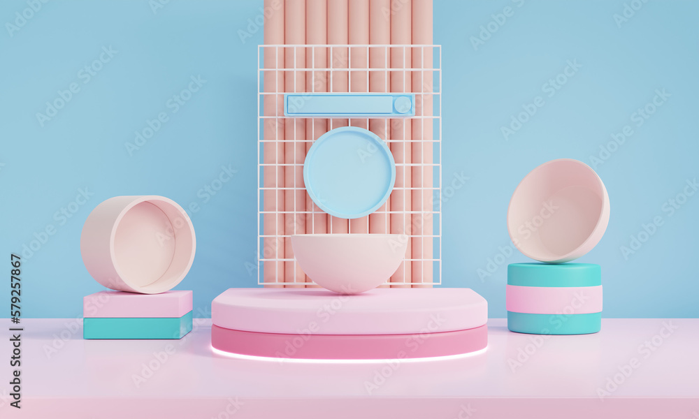 Poster 3d render minimal scene with podium and abstract background. pastel colors with geometric shapes .