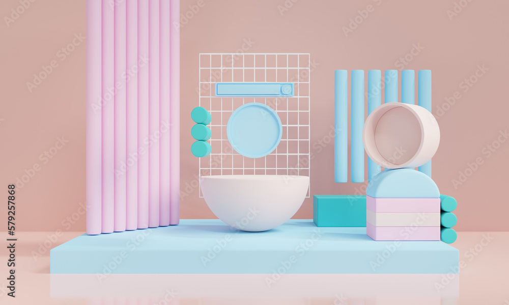 Poster 3d render minimal scene with podium and abstract background. pastel colors with geometric shapes .